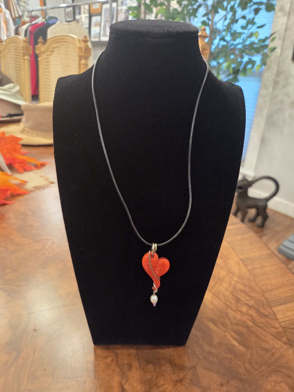 Red Heart Glass Blown Pendant Necklace with Pearl Accent